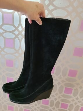Black Suede Wedge Knee-High Boots - Women